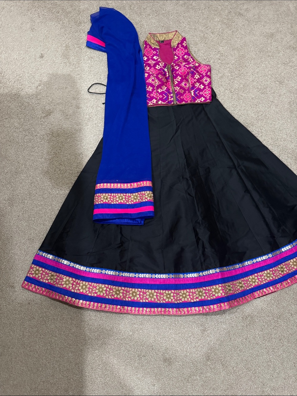 Traditional Kids Costume - Black Skirt with Pink & Royal Blue Top